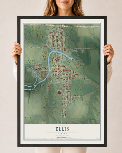 Map of Ellis, Kansas, 24 x 36 inch print in a black wood frame