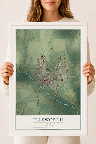 Map of Ellsworth, Kansas, 18 x 24 inch print in a white wood frame