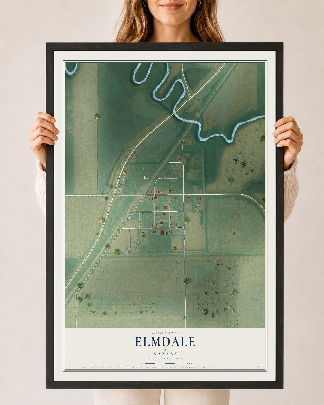 Map of Elmdale, Kansas, 24 x 36 inch print in a black wood frame