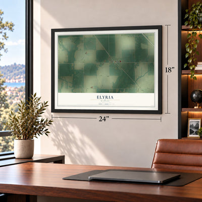 Elyria, Kansas map, 18 x 24 inch print in a black frame in a home office