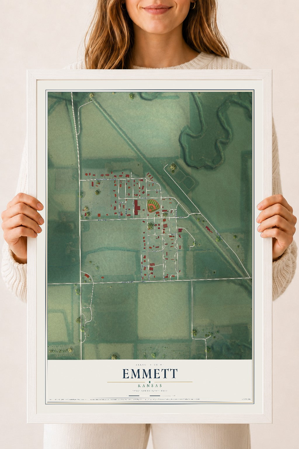 Map of Emmett, Kansas, 18 x 24 inch print in a white wood frame
