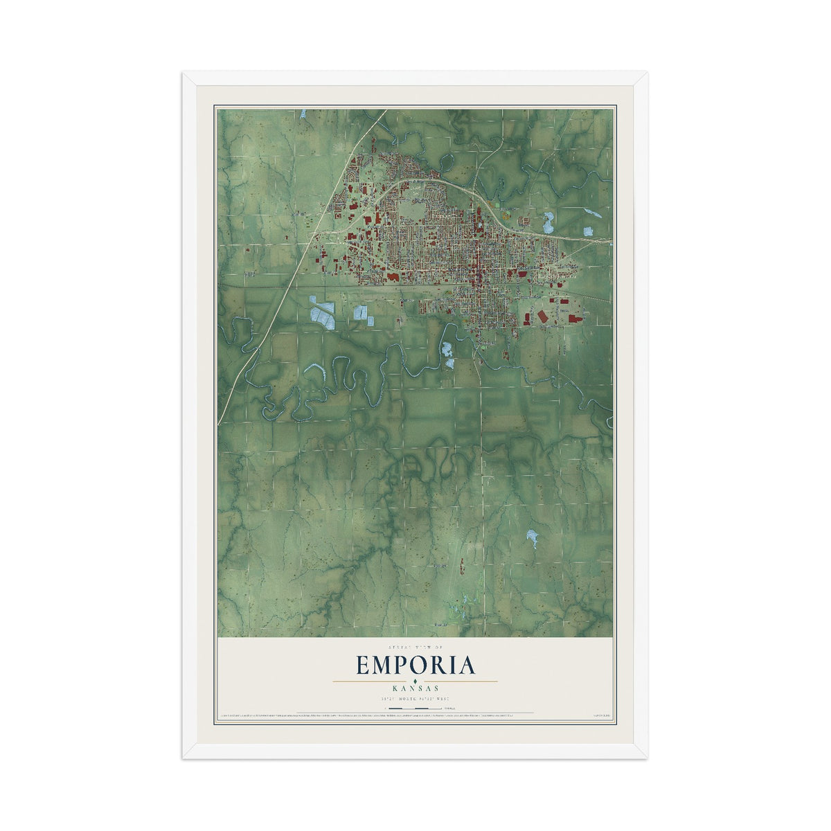 Map of Emporia, Kansas, 12 x 18 inch print in a white wood frame