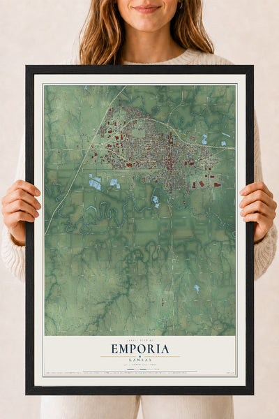 Map of Emporia, Kansas, 18 x 24 inch print in a black wood frame