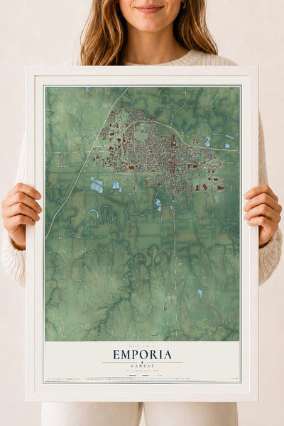 Map of Emporia, Kansas, 18 x 24 inch print in a white wood frame