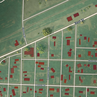 Close-up of the map of Ensign, Kansas print showing street and building detail