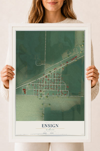 Map of Ensign, Kansas, 18 x 24 inch print in a white wood frame