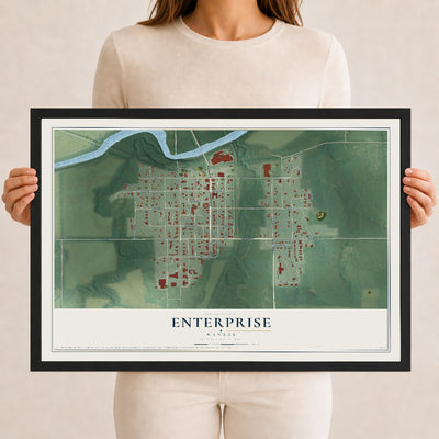 Map of Enterprise, Kansas, 12 x 18 inch print in a black wood frame