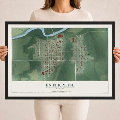 Map of Enterprise, Kansas, 18 x 24 inch print in a black wood frame