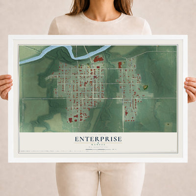 Map of Enterprise, Kansas, 18 x 24 inch print in a white wood frame