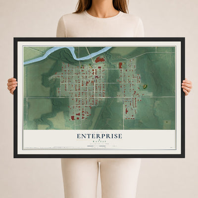 Map of Enterprise, Kansas, 24 x 36 inch print in a black wood frame