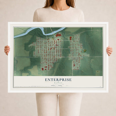 Map of Enterprise, Kansas, 24 x 36 inch print in a white wood frame