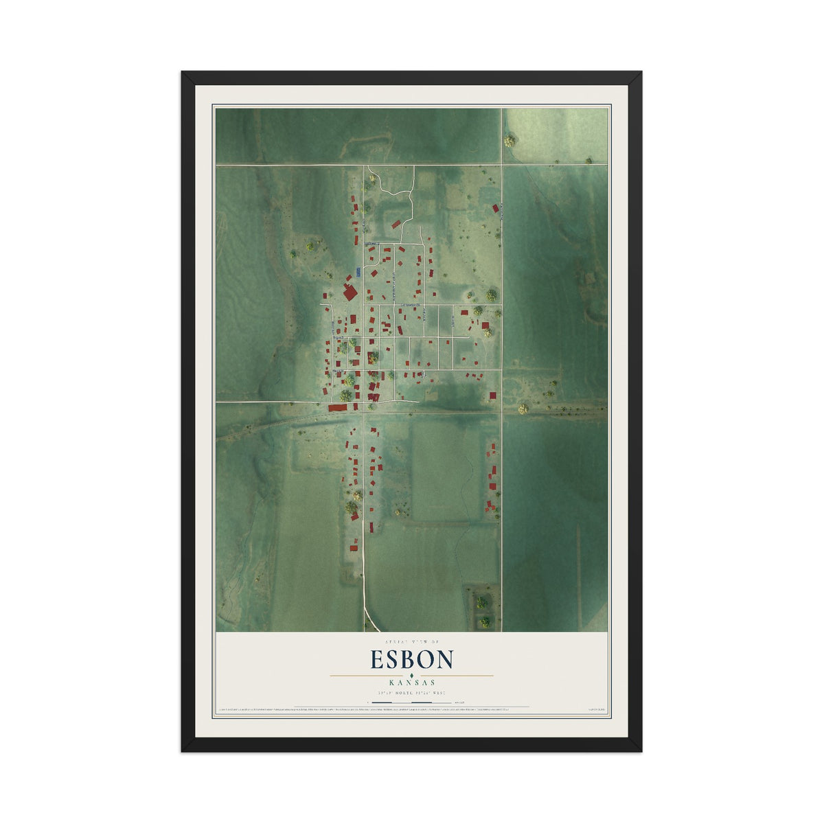 Map of Esbon, Kansas, 12 x 18 inch print in a black wood frame