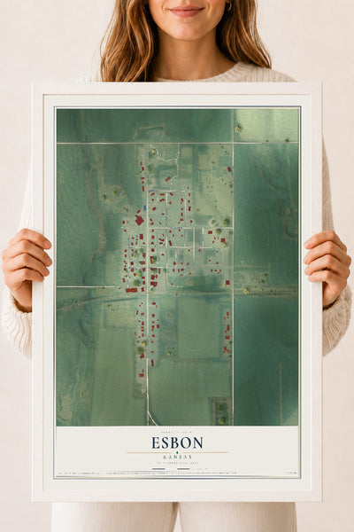 Map of Esbon, Kansas, 18 x 24 inch print in a white wood frame