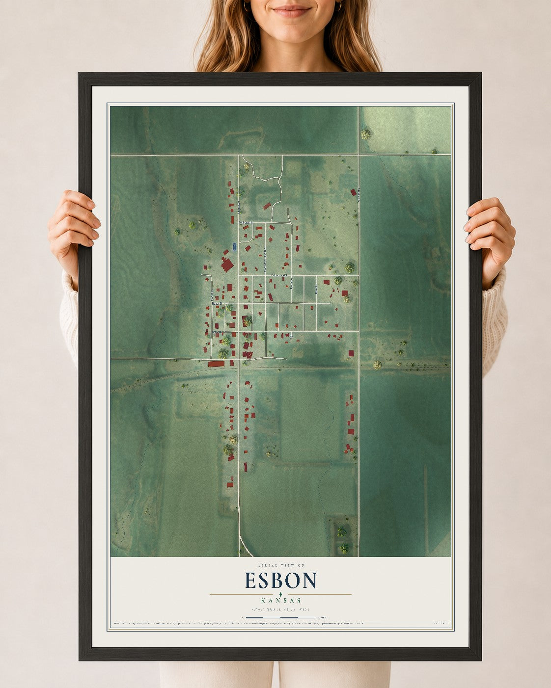 Map of Esbon, Kansas, 24 x 36 inch print in a black wood frame