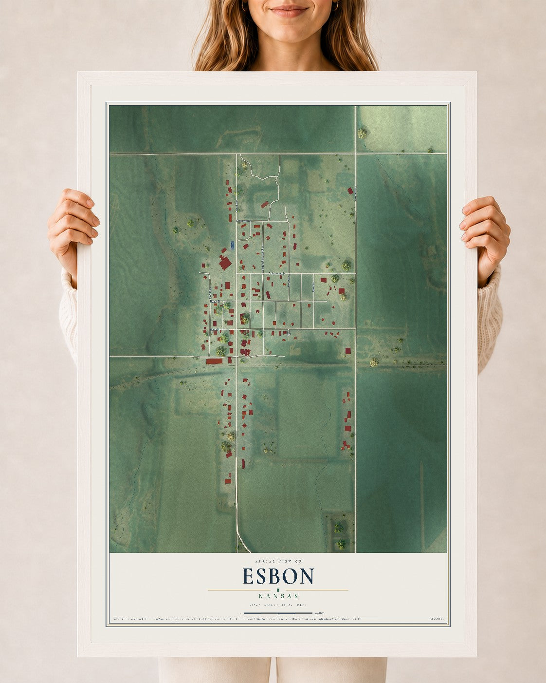 Map of Esbon, Kansas, 24 x 36 inch print in a white wood frame