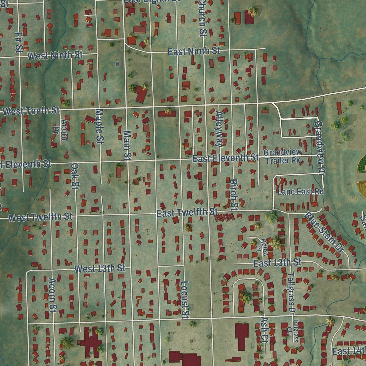 Close-up of the map of Eudora, Kansas print showing street and building detail