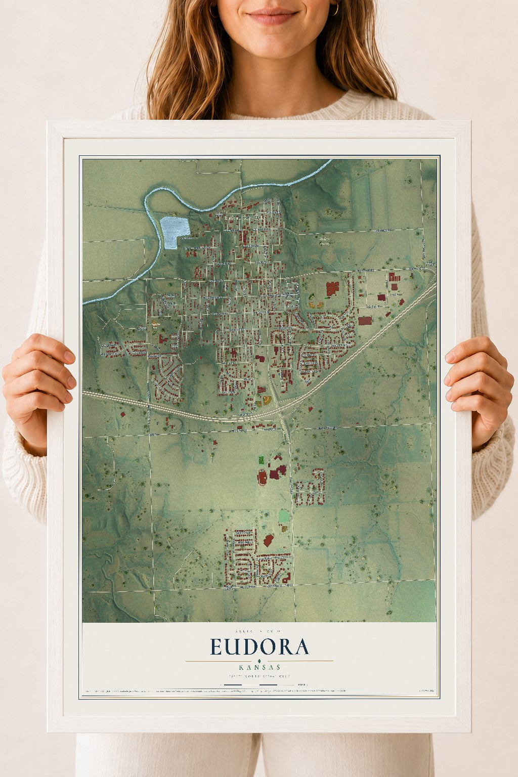 Map of Eudora, Kansas, 18 x 24 inch print in a white wood frame