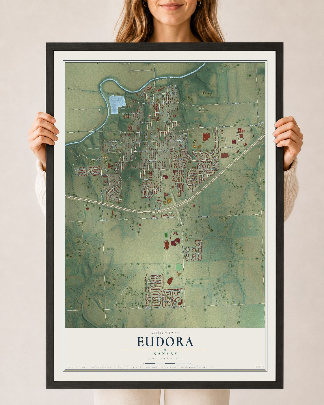Map of Eudora, Kansas, 24 x 36 inch print in a black wood frame