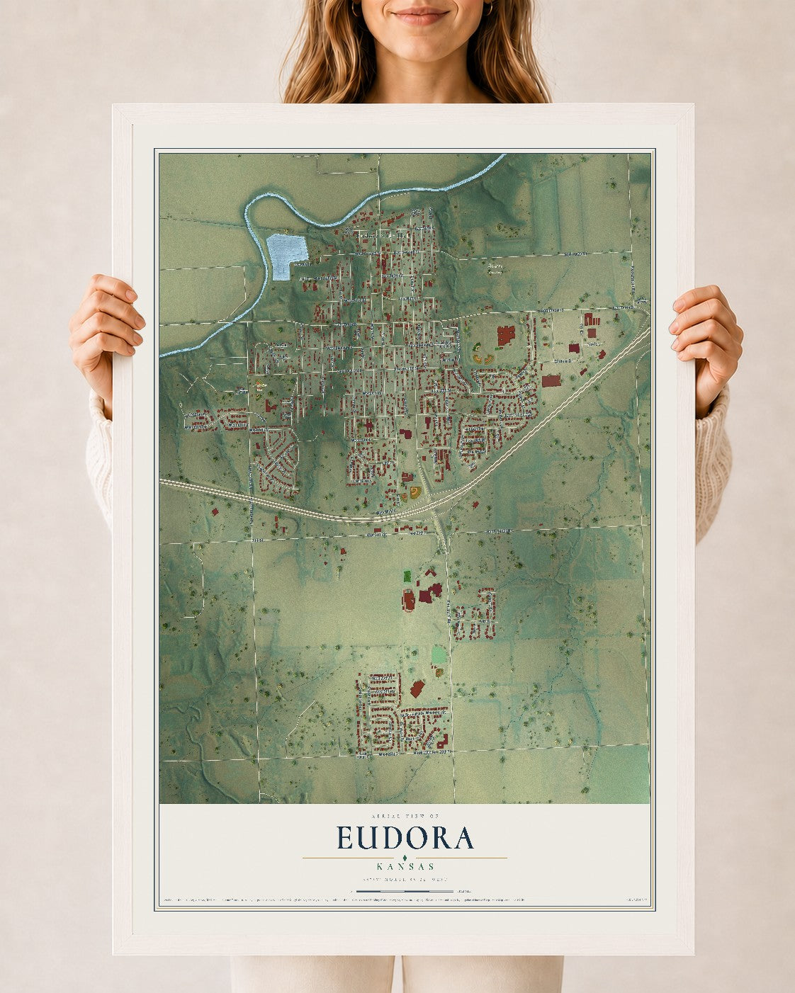 Map of Eudora, Kansas, 24 x 36 inch print in a white wood frame