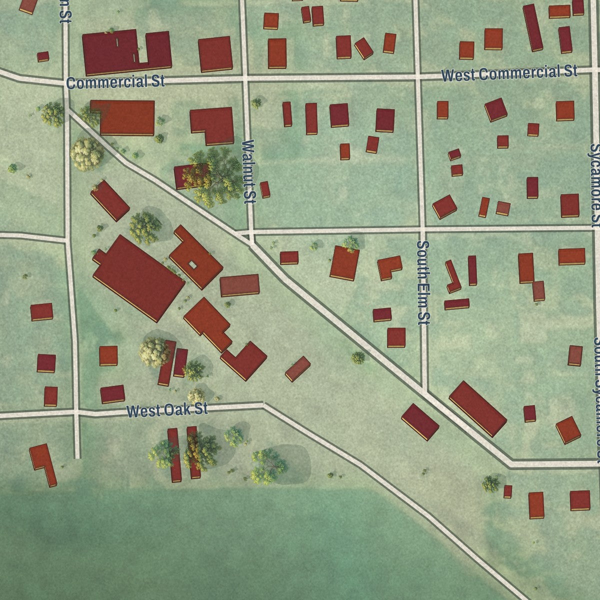 Close-up of the map of Fairview, Kansas print showing street and building detail