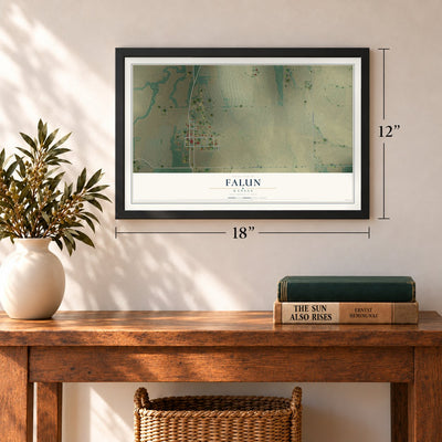 Falun, Kansas map, 12 x 18 inch print in a black frame in an entryway
