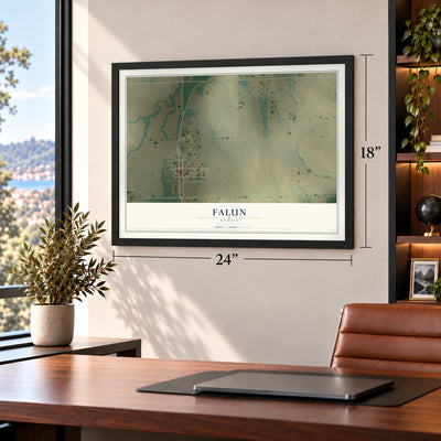 Falun, Kansas map, 18 x 24 inch print in a black frame in a home office
