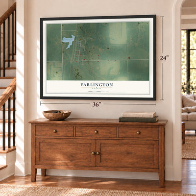 Farlington, Kansas map, 24 x 36 inch print in a black frame above a dresser by a staircase