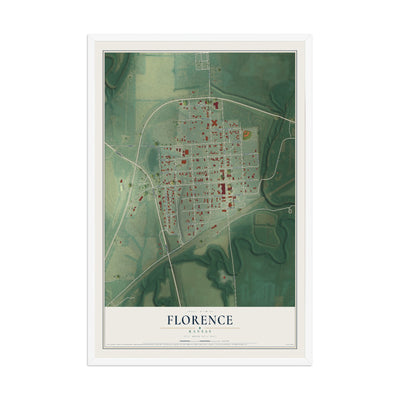 Map of Florence, Kansas, 12 x 18 inch print in a white wood frame