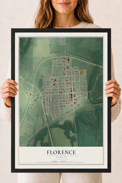 Map of Florence, Kansas, 18 x 24 inch print in a black wood frame
