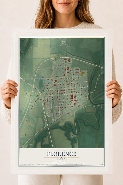 Map of Florence, Kansas, 18 x 24 inch print in a white wood frame