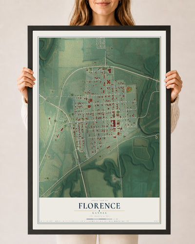 Map of Florence, Kansas, 24 x 36 inch print in a black wood frame