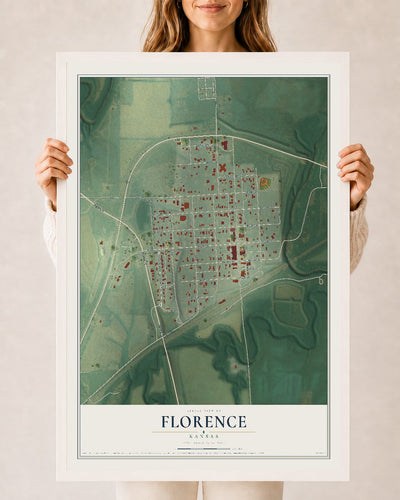 Map of Florence, Kansas, 24 x 36 inch print in a white wood frame