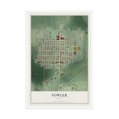 Map of Fowler, Kansas, 12 x 18 inch print in a white wood frame