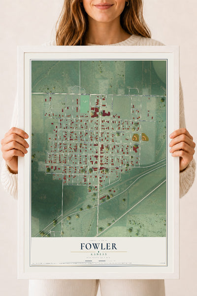 Map of Fowler, Kansas, 18 x 24 inch print in a white wood frame
