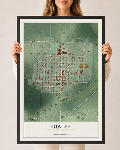 Map of Fowler, Kansas, 24 x 36 inch print in a black wood frame