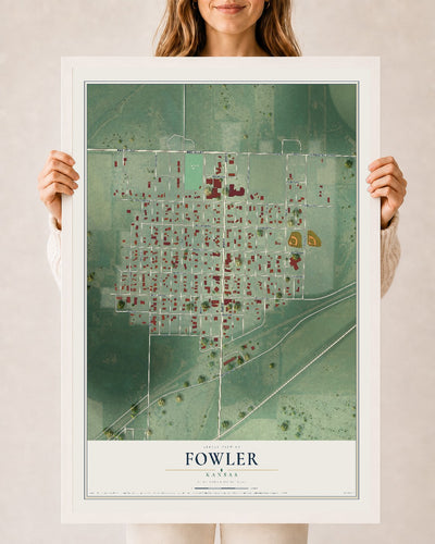Map of Fowler, Kansas, 24 x 36 inch print in a white wood frame