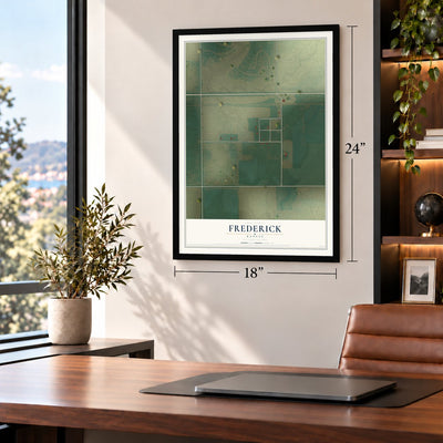 Frederick, Kansas map, 18 x 24 inch print in a black frame in a home office