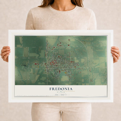 Map of Fredonia, Kansas, 12 x 18 inch print in a white wood frame