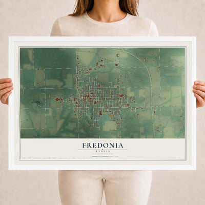 Map of Fredonia, Kansas, 18 x 24 inch print in a white wood frame
