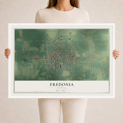 Map of Fredonia, Kansas, 24 x 36 inch print in a white wood frame