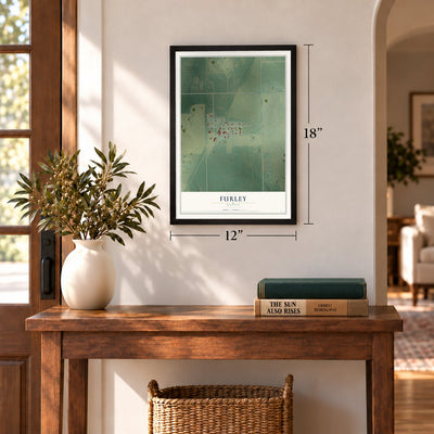 Furley, Kansas map, 12 x 18 inch print in a black frame in an entryway