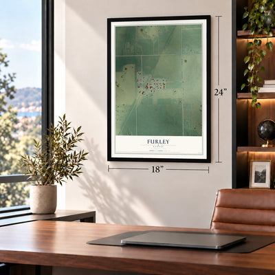 Furley, Kansas map, 18 x 24 inch print in a black frame in a home office