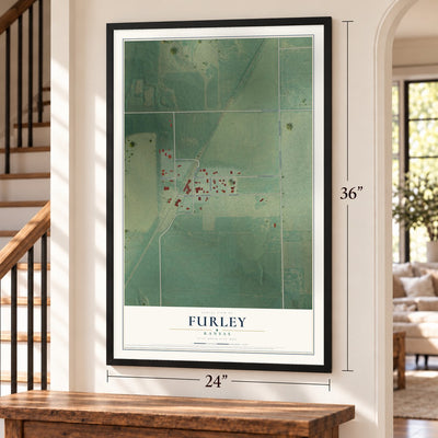 Furley, Kansas map, 24 x 36 inch print in a black frame by a staircase