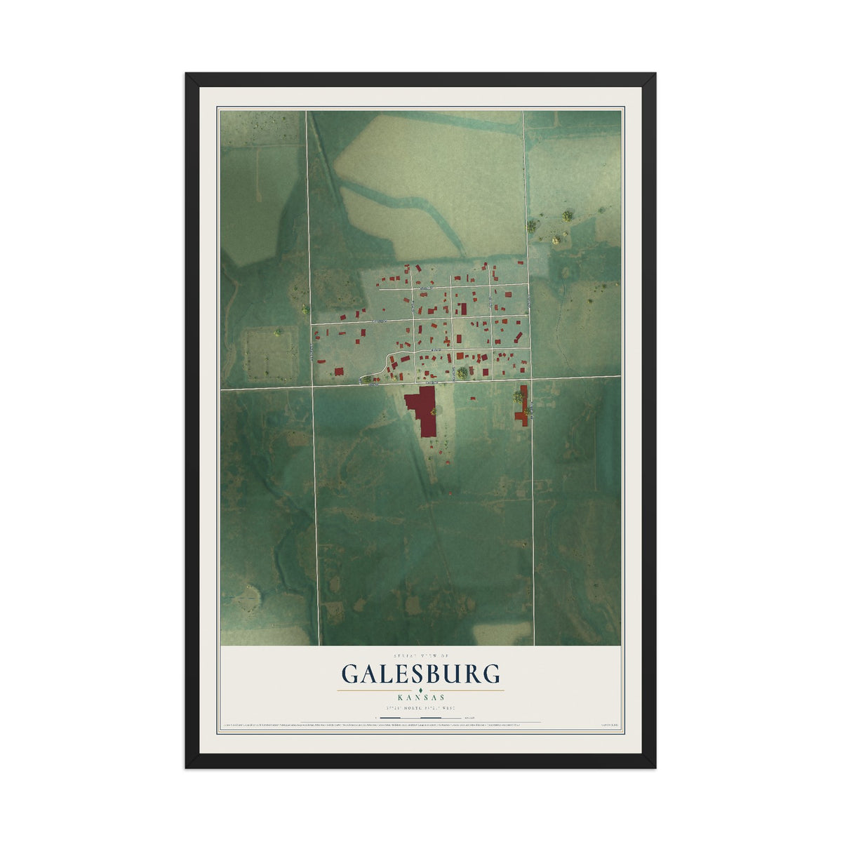 Map of Galesburg, Kansas, 12 x 18 inch print in a black wood frame