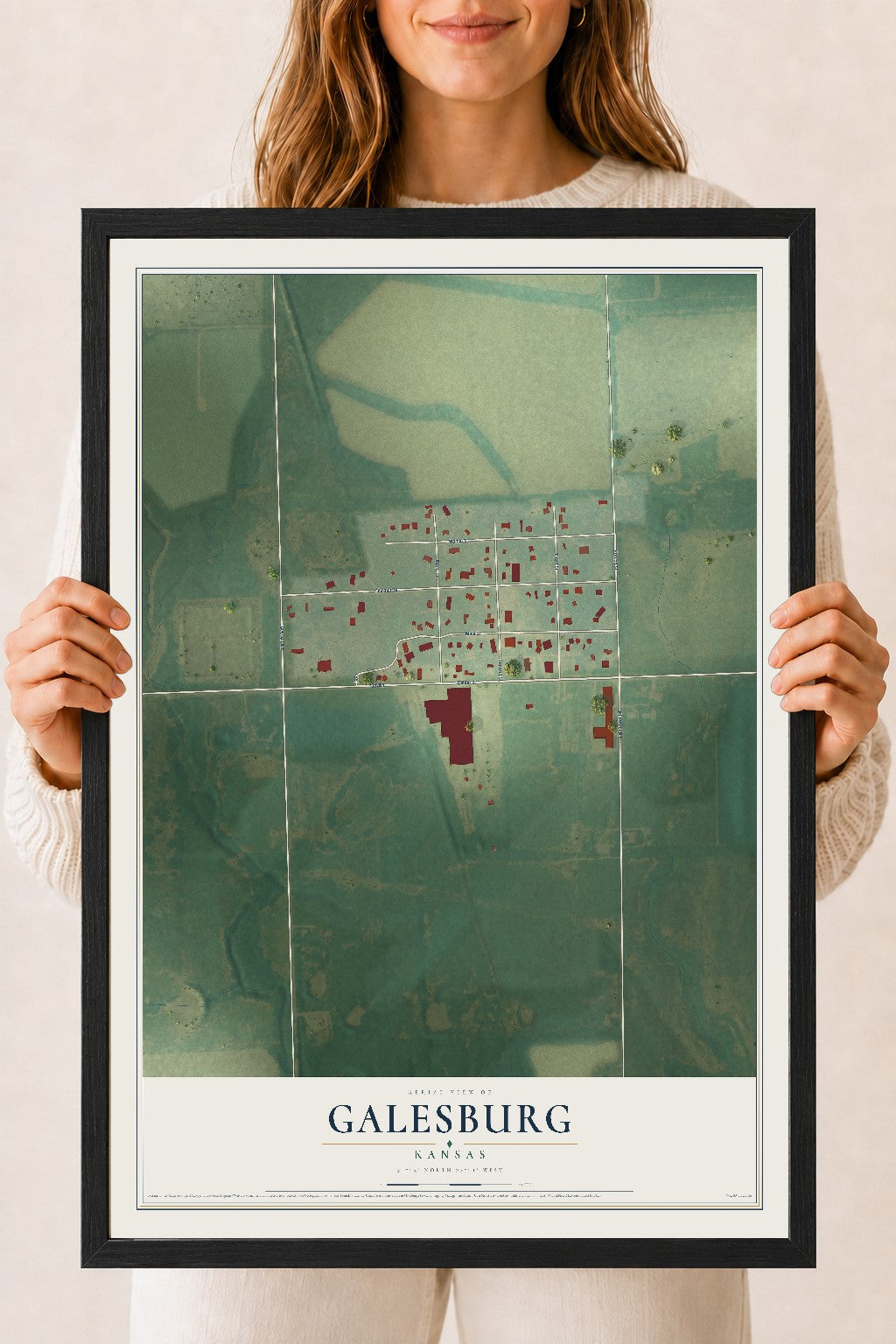 Map of Galesburg, Kansas, 18 x 24 inch print in a black wood frame