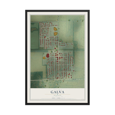 Map of Galva, Kansas, 12 x 18 inch print in a black wood frame