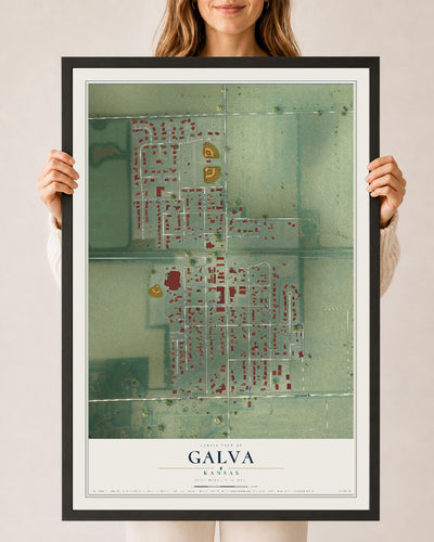 Map of Galva, Kansas, 24 x 36 inch print in a black wood frame