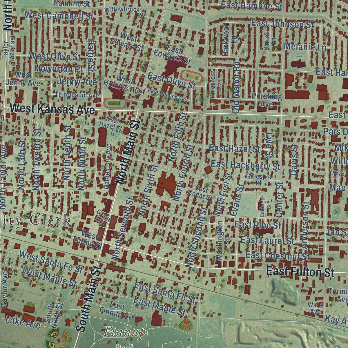 Close-up of the map of Garden City, Kansas print showing street and building detail