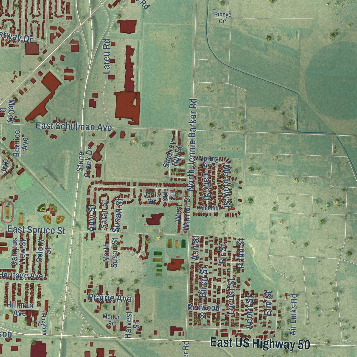 Second close-up of the map of Garden City, Kansas print showing more streets and buildings