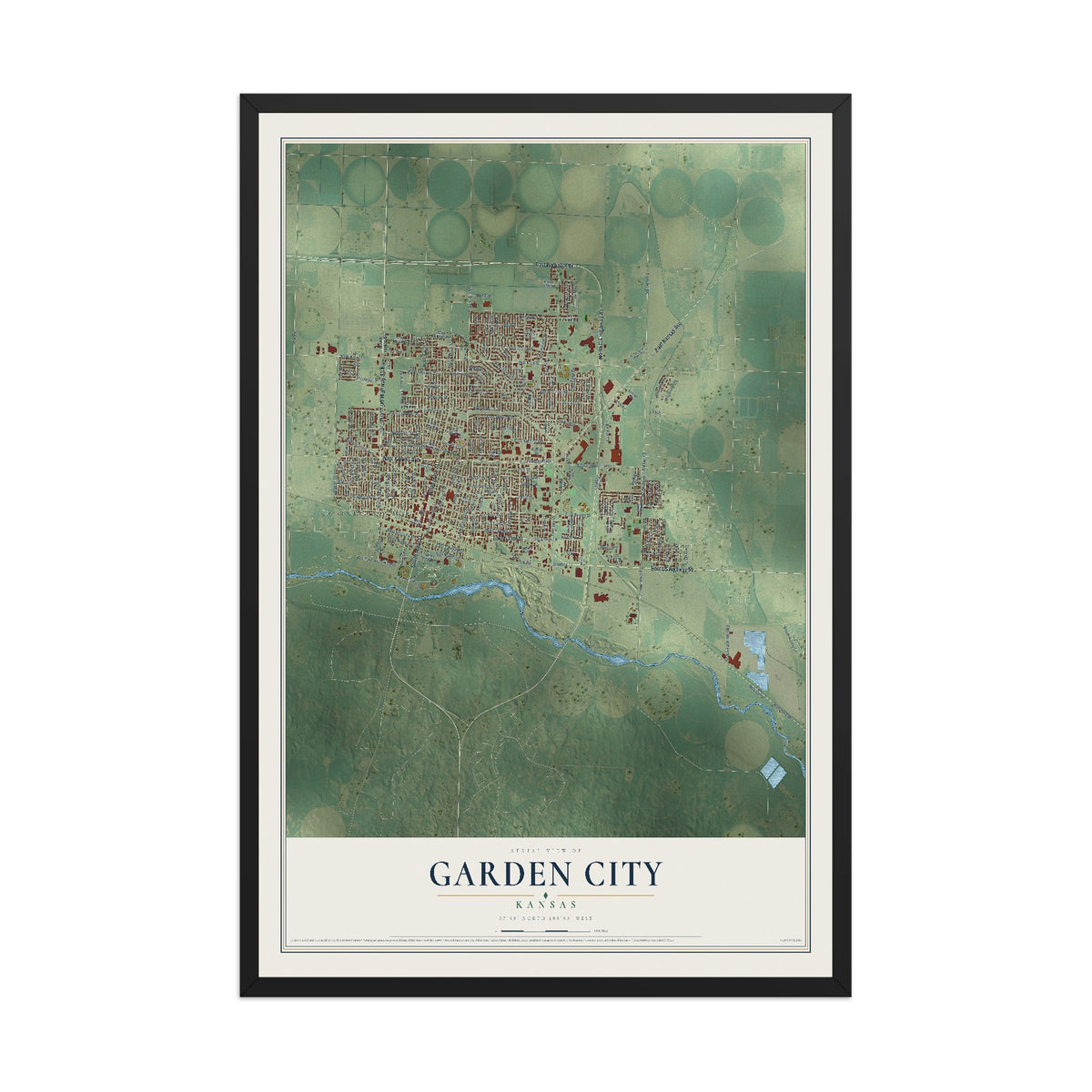 Map of Garden City, Kansas, 12 x 18 inch print in a black wood frame